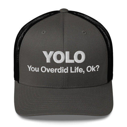Charcoal Black retro trucker hat with 'YOLO Retro Hat (White Thread)' design — Emotional support fashion with shade and ventilation.