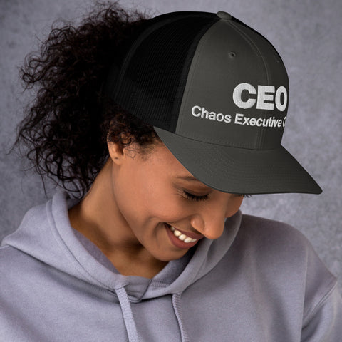 Charcoal Black retro trucker hat with 'CEO Retro Hat (White Thread)' design — Unhinged fashion with mesh for airflow and mood swings.