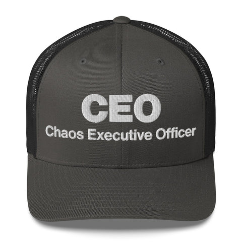 Charcoal retro trucker hat with 'CEO Retro Hat (White Thread)' design — Unhinged fashion with mesh for airflow and mood swings.