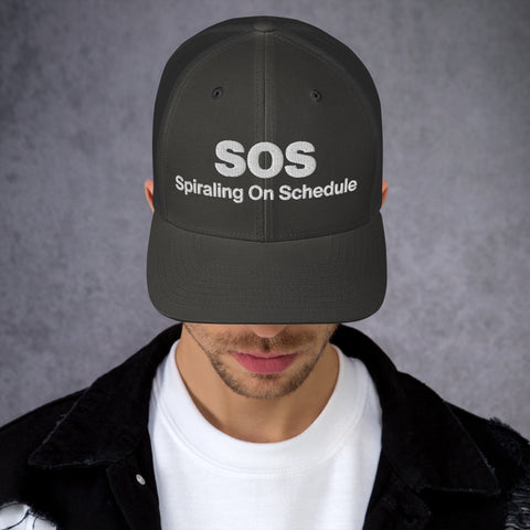 Charcoal retro trucker hat with 'SOS Retro Hat (White Thread)' design — Unhinged fashion for crisis ventilation.