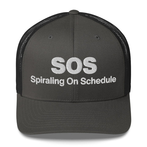 Charcoal retro trucker hat with 'SOS Retro Hat (White Thread)' design — Unhinged fashion for crisis ventilation.