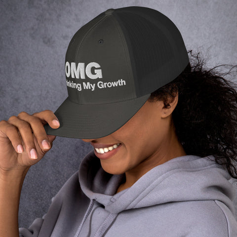 Charcoal retro trucker hat with 'OMG Retro Hat (White Thread)' design — Funny mental health merch that doubles as a Thinking Cap—mesh in the back, spiral in the front.