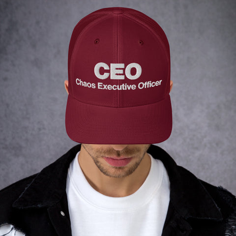 Cranberry retro trucker hat with 'CEO Retro Hat (White Thread)' design — Unhinged fashion with mesh for airflow and mood swings.