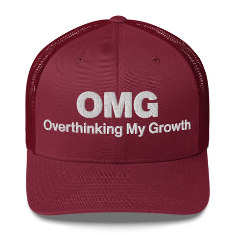 Cranberry retro trucker hat with 'OMG Retro Hat (White Thread)' design — Funny mental health merch that doubles as a Thinking Cap—mesh in the back, spiral in the front.