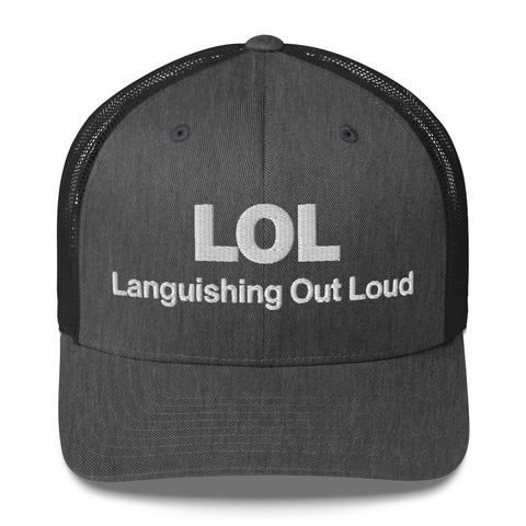 Dark Heather Gray retro trucker hat with 'LOL Retro Hat (White Thread)' design — Funny mental health merch with full sass protection.