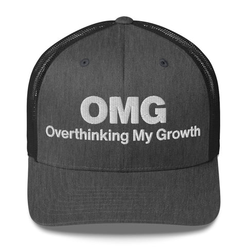 Dark Heather Gray retro trucker hat with 'OMG Retro Hat (White Thread)' design — Funny mental health merch that doubles as a Thinking Cap—mesh in the back, spiral in the front.