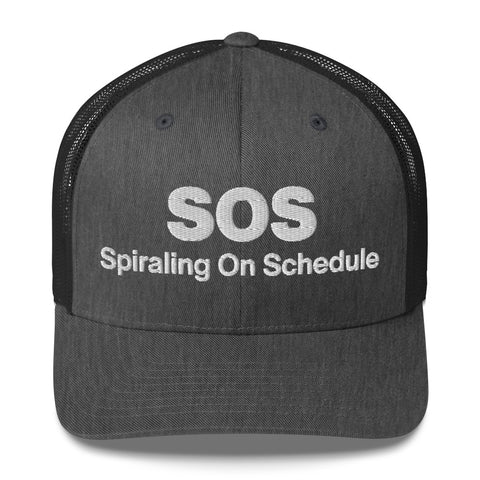 Dark Heather Gray retro trucker hat with 'SOS Retro Hat (White Thread)' design — Unhinged fashion for crisis ventilation.