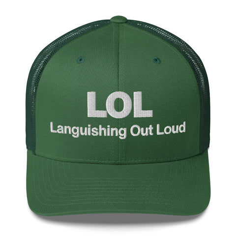 Evergreen retro trucker hat with 'LOL Retro Hat (White Thread)' design — Funny mental health merch with full sass protection.