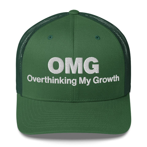 Evergreen retro trucker hat with 'OMG Retro Hat (White Thread)' design — Funny mental health merch that doubles as a Thinking Cap—mesh in the back, spiral in the front.