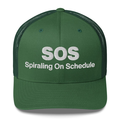 Evergreen retro trucker hat with 'SOS Retro Hat (White Thread)' design — Unhinged fashion for crisis ventilation.