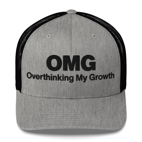 Heather Black retro trucker hat with 'OMG Retro Hat (Black Thread)' design — Funny mental health merch that doubles as a Thinking Cap—mesh in the back, spiral in the front.