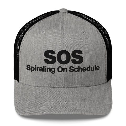 Heather Black retro trucker hat with 'SOS Retro Hat (Black Thread)' design — Unhinged fashion for crisis ventilation.