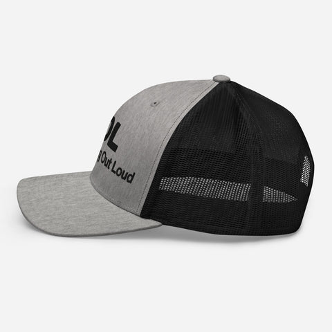 Heather Black retro trucker hat with 'LOL Retro Hat (Black Thread)' design — Funny mental health merch with full sass protection.