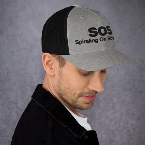 Heather Black retro trucker hat with 'SOS Retro Hat (Black Thread)' design — Unhinged fashion for crisis ventilation.