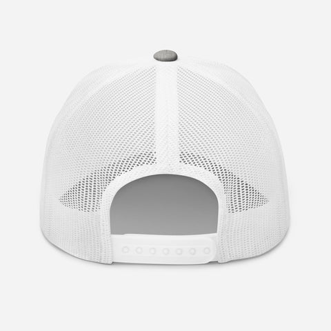 Heather Grey White retro trucker hat with 'CEO Retro Hat (Black Thread)' design — Unhinged fashion with mesh for airflow and mood swings.