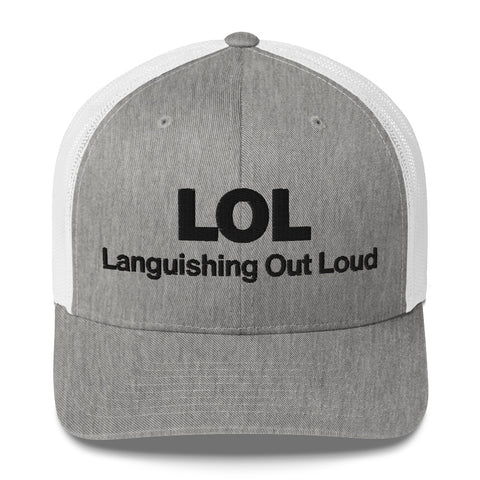 Heather Grey White retro trucker hat with 'LOL Retro Hat (Black Thread)' design — Funny mental health merch with full sass protection.