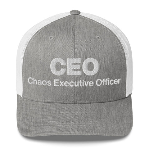 Heather Grey White retro trucker hat with 'CEO Retro Hat (White Thread)' design — Unhinged fashion with mesh for airflow and mood swings.