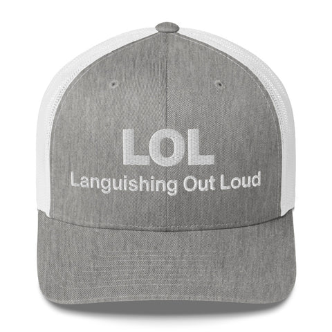 Heather Grey White retro trucker hat with 'LOL Retro Hat (White Thread)' design — Funny mental health merch with full sass protection.