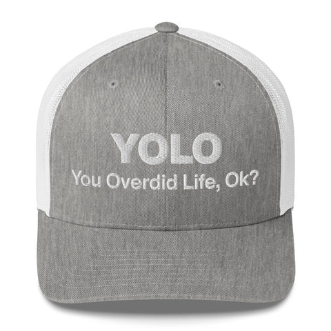 Heather Grey White retro trucker hat with 'YOLO Retro Hat (White Thread)' design — Emotional support fashion with shade and ventilation.