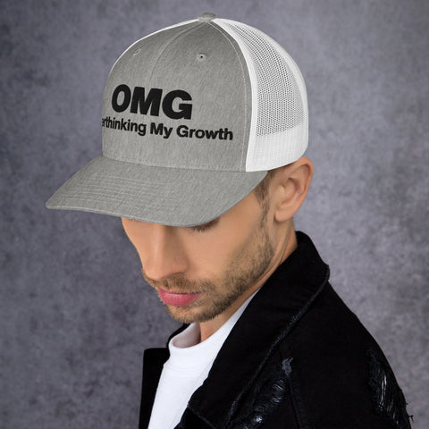 Heather Grey White retro trucker hat with 'OMG Retro Hat (Black Thread)' design — Funny mental health merch that doubles as a Thinking Cap—mesh in the back, spiral in the front.