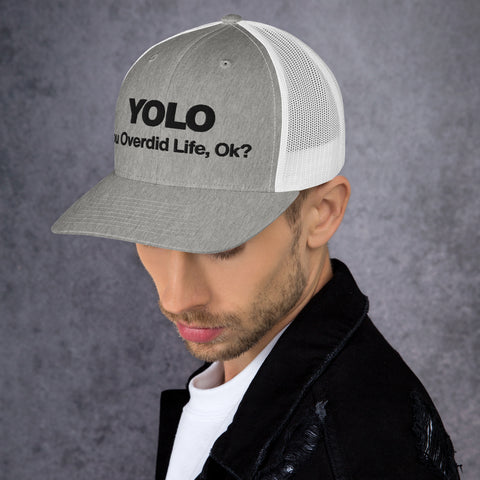 Heather Grey White retro trucker hat with 'YOLO Retro Hat (Black Thread)' design — Emotional support fashion with shade and ventilation.