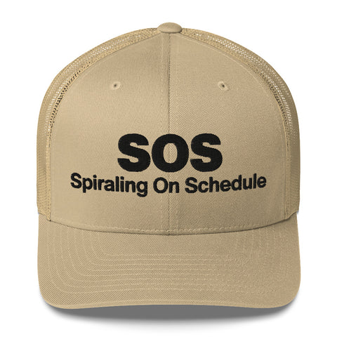 Khaki retro trucker hat with 'SOS Retro Hat (Black Thread)' design — Unhinged fashion for crisis ventilation.