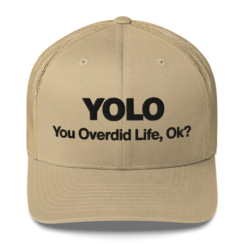 Khaki retro trucker hat with 'YOLO Retro Hat (Black Thread)' design — Emotional support fashion with shade and ventilation.