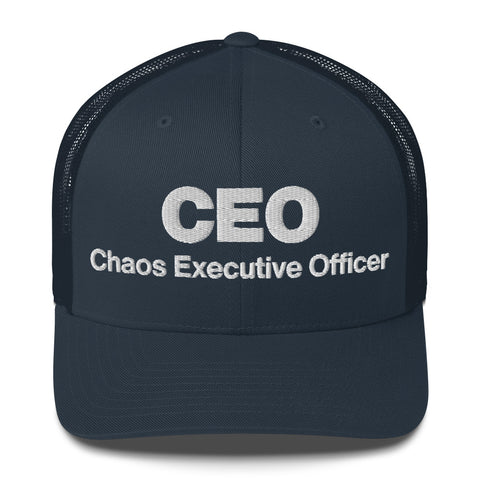 Navy retro trucker hat with 'CEO Retro Hat (White Thread)' design — Unhinged fashion with mesh for airflow and mood swings.