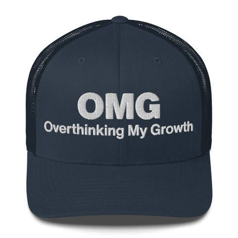 Navy retro trucker hat with 'OMG Retro Hat (White Thread)' design — Funny mental health merch that doubles as a Thinking Cap—mesh in the back, spiral in the front.
