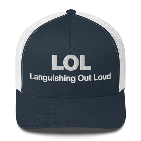 Navy White retro trucker hat with 'LOL Retro Hat (White Thread)' design — Funny mental health merch with full sass protection.