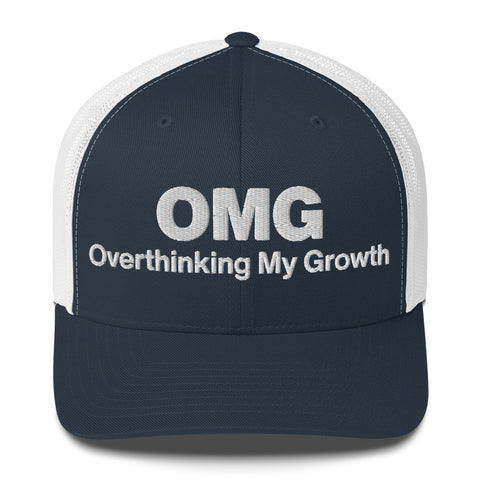Navy White retro trucker hat with 'OMG Retro Hat (White Thread)' design — Funny mental health merch that doubles as a Thinking Cap—mesh in the back, spiral in the front.