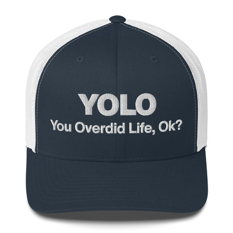 Navy White retro trucker hat with 'YOLO Retro Hat (White Thread)' design — Emotional support fashion with shade and ventilation.