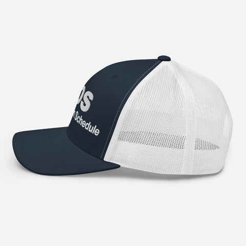 Navy White retro trucker hat with 'SOS Retro Hat (White Thread)' design — Unhinged fashion for crisis ventilation.