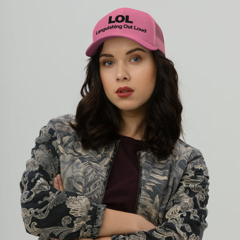 Pink retro trucker hat with 'LOL Retro Hat (Black Thread)' design — Funny mental health merch with full sass protection.