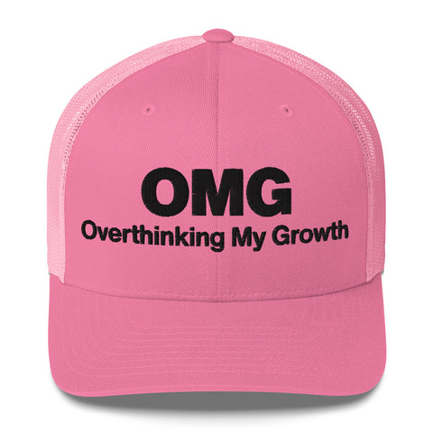 Pink retro trucker hat with 'OMG Retro Hat (Black Thread)' design — Funny mental health merch that doubles as a Thinking Cap—mesh in the back, spiral in the front.