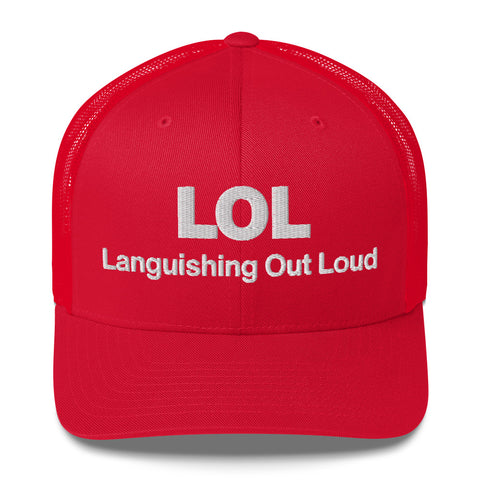 Red retro trucker hat with 'LOL Retro Hat (White Thread)' design — Funny mental health merch with full sass protection.