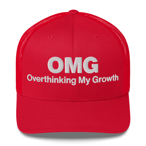 Red retro trucker hat with 'OMG Retro Hat (White Thread)' design — Funny mental health merch that doubles as a Thinking Cap—mesh in the back, spiral in the front.