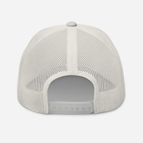 Silver retro trucker hat with 'SOS Retro Hat (Black Thread)' design — Unhinged fashion for crisis ventilation.