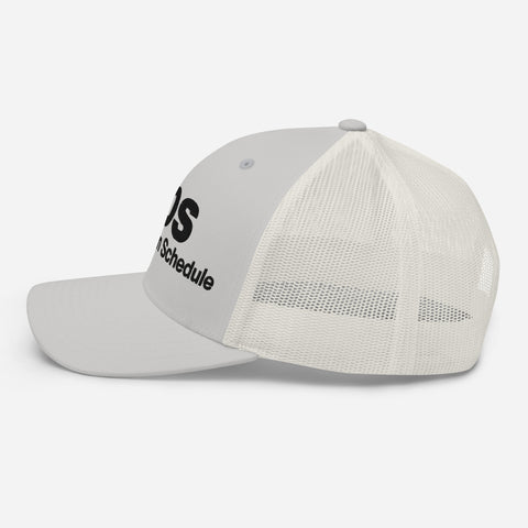 Silver retro trucker hat with 'SOS Retro Hat (Black Thread)' design — Unhinged fashion for crisis ventilation.