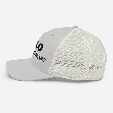 Silver retro trucker hat with 'YOLO Retro Hat (Black Thread)' design — Emotional support fashion with shade and ventilation.