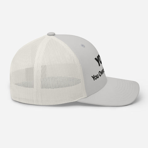 Silver retro trucker hat with 'YOLO Retro Hat (Black Thread)' design — Emotional support fashion with shade and ventilation.