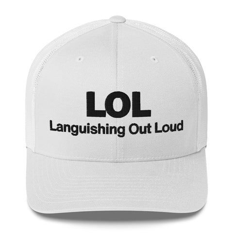 White retro trucker hat with 'LOL Retro Hat (Black Thread)' design — Funny mental health merch with full sass protection.