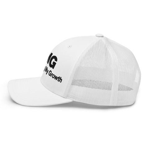 White retro trucker hat with 'OMG Retro Hat (Black Thread)' design — Funny mental health merch that doubles as a Thinking Cap—mesh in the back, spiral in the front.
