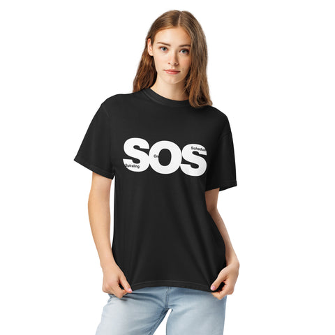 Black unisex garment-dyed heavyweight t-shirt with 'SOS Unisex Tee Black' design — Emotional support clothing for those who calendar their chaos.