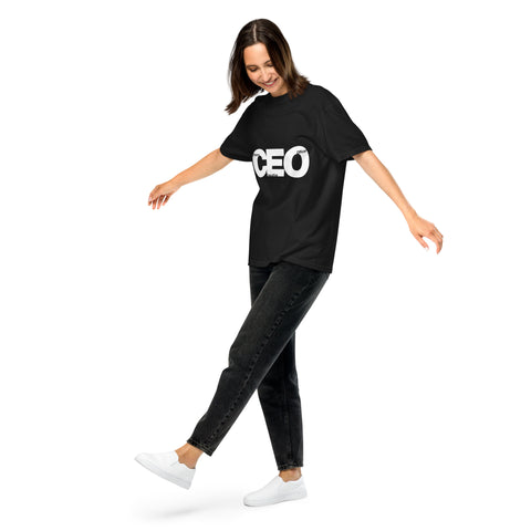 Black unisex garment-dyed heavyweight t-shirt with 'CEO Unisex Tee Black' design — Emotional support clothing for your high-functioning meltdown era.