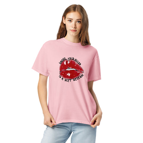 Blossom unisex garment-dyed heavyweight t-shirt with 'Under This Gloss Unisex Tee' design — Emotional support clothing that sparkles under pressure.