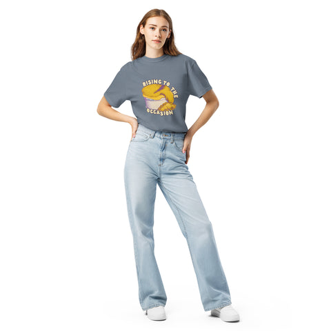 Blue Jean unisex garment-dyed heavyweight t-shirt with 'Rising To The Occasion Unisex Tee' design — Emotional support clothing for your imperfect glow-up.