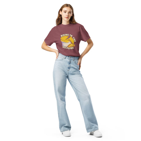 Brick unisex garment-dyed heavyweight t-shirt with 'Rising To The Occasion Unisex Tee' design — Emotional support clothing for your imperfect glow-up.