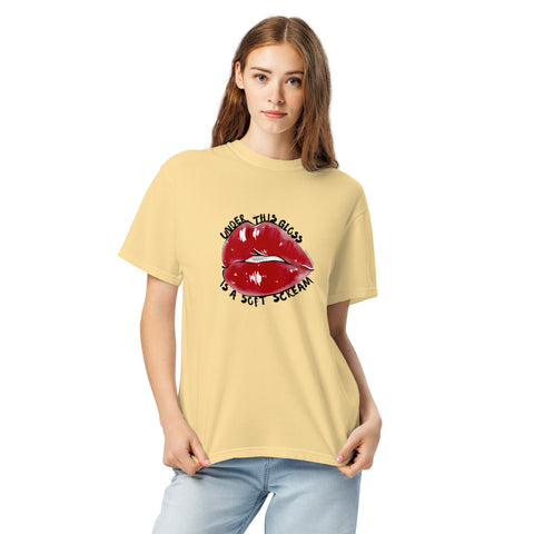 Butter unisex garment-dyed heavyweight t-shirt with 'Under This Gloss Unisex Tee' design — Emotional support clothing that sparkles under pressure.