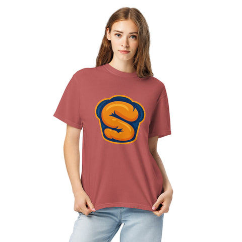 Crimson unisex garment-dyed heavyweight t-shirt with 'Softness Is My Superpower Unisex Tee' design — Emotional support clothing for the secretly strong.
